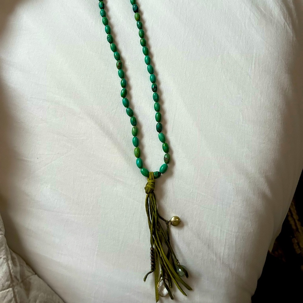 Leather and green turquoise beaded necklace